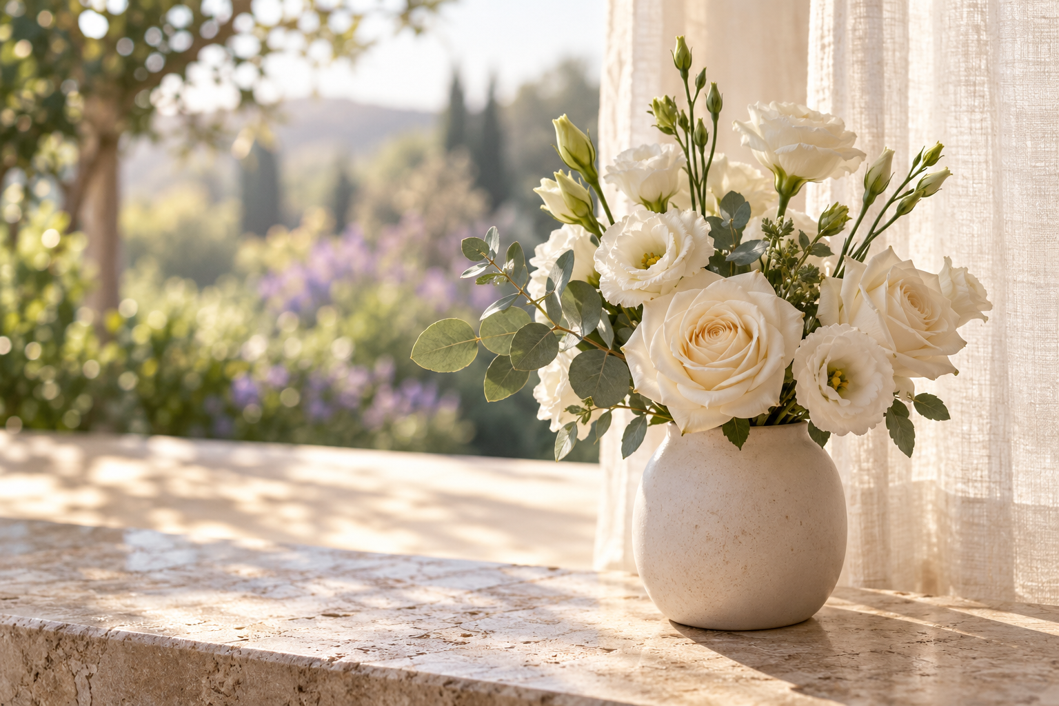 Imagem ilustrativa de um arranjo de flores brancas junto a uma janela com luz natural