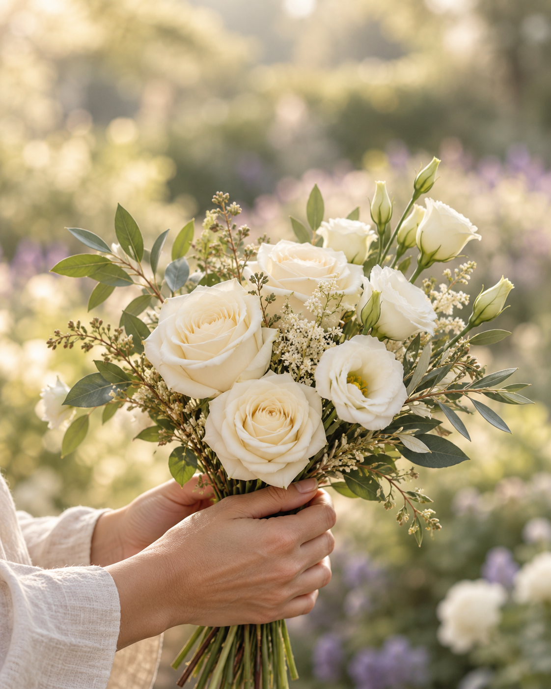 Imagem ilustrativa de mãos segurando um buquê de flores brancas em um jardim